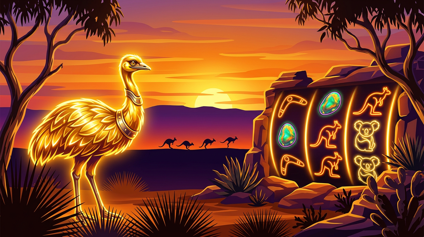 Golden Australian outback with glowing casino reels